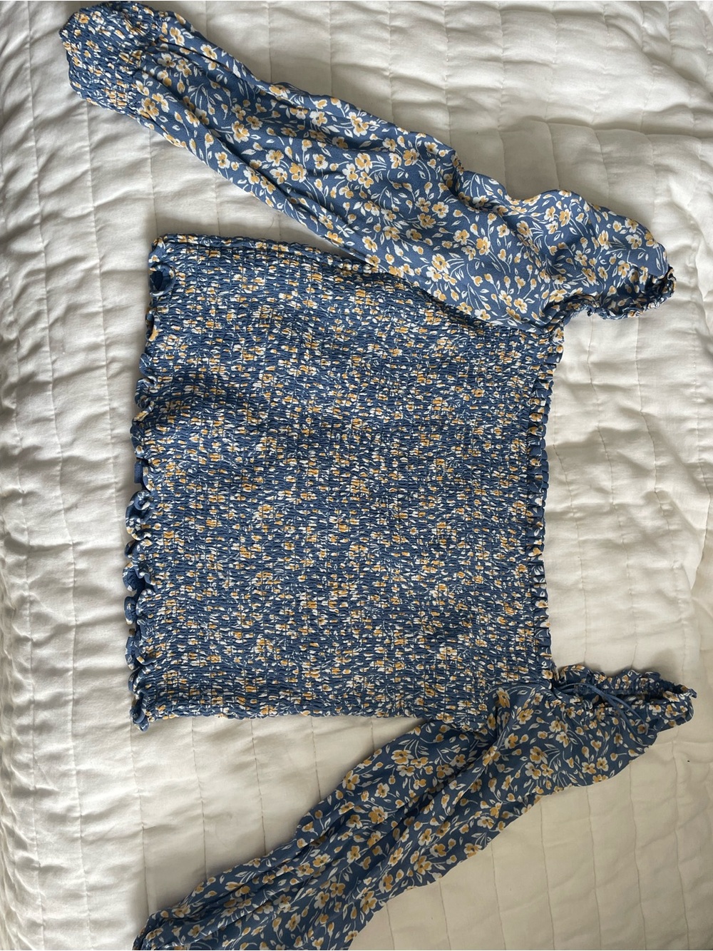 Reformation Blue Floral Smocked One-Shoulder Crop Top